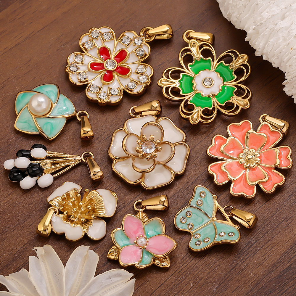 Flower Supplies - 2PCS Liontin Bunga Besar Enamel Stainless